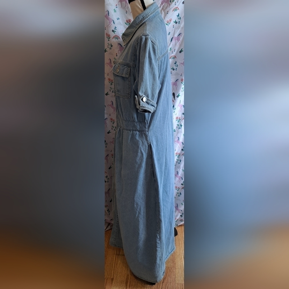 EUC Vintage 80s Light Denim Button Up Prep Casual Collar Maxi Dress Skirt SZ L - Picture 4 of 6